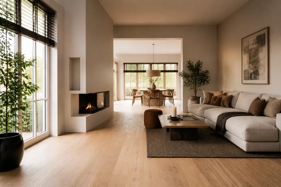 Warme woonkamer met houten vloer op vloerverwarming en zacht ochtendlicht